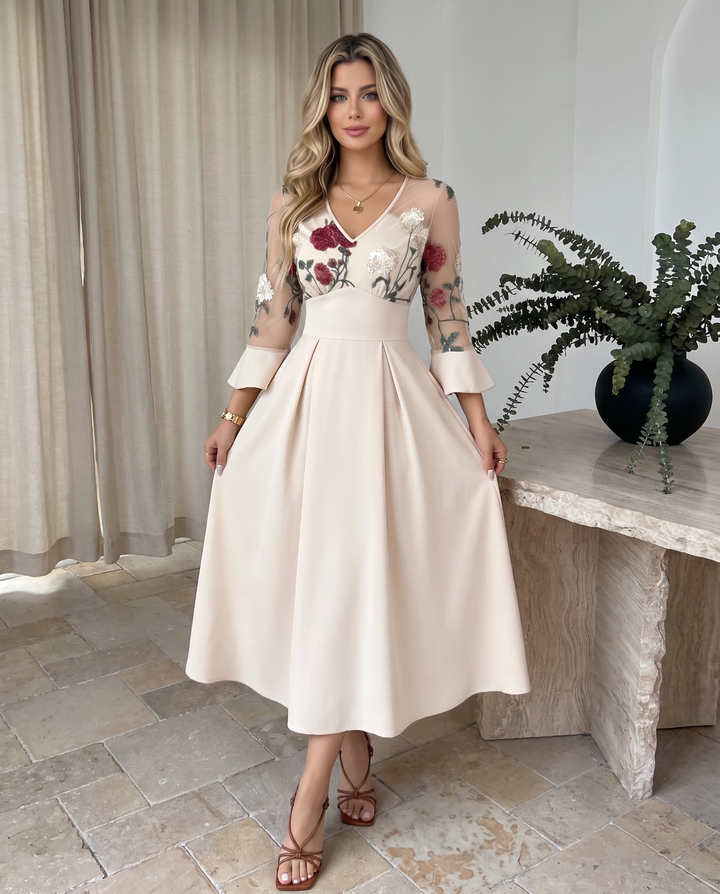 Elegant Floral Embroidered Mesh 3/4 Flare Sleeve Midi Dress