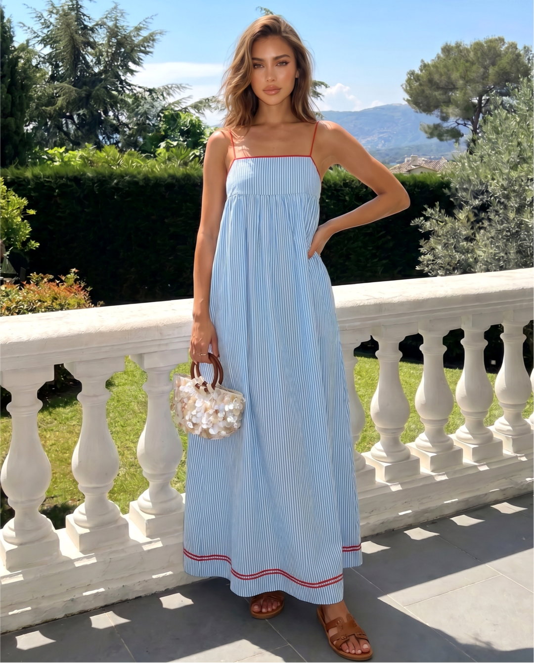 Blue White Stripe Red Trim Spaghetti Strap Maxi Dress