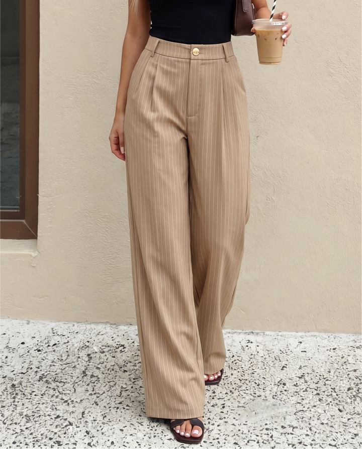 SOLACE  Beige Pinstripe High Waist Pleated Wide Leg Trousers 