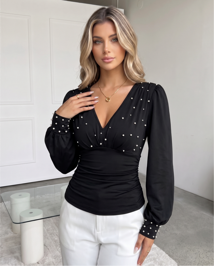 Pearl Beaded V‑Neck Lantern Long Sleeve Slim T-Shirts