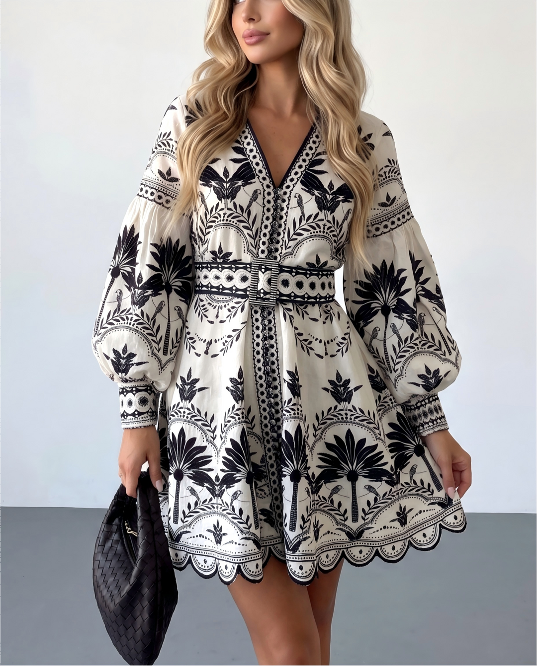 V‑Neck Plant Print Puff Sleeve Mini Dress