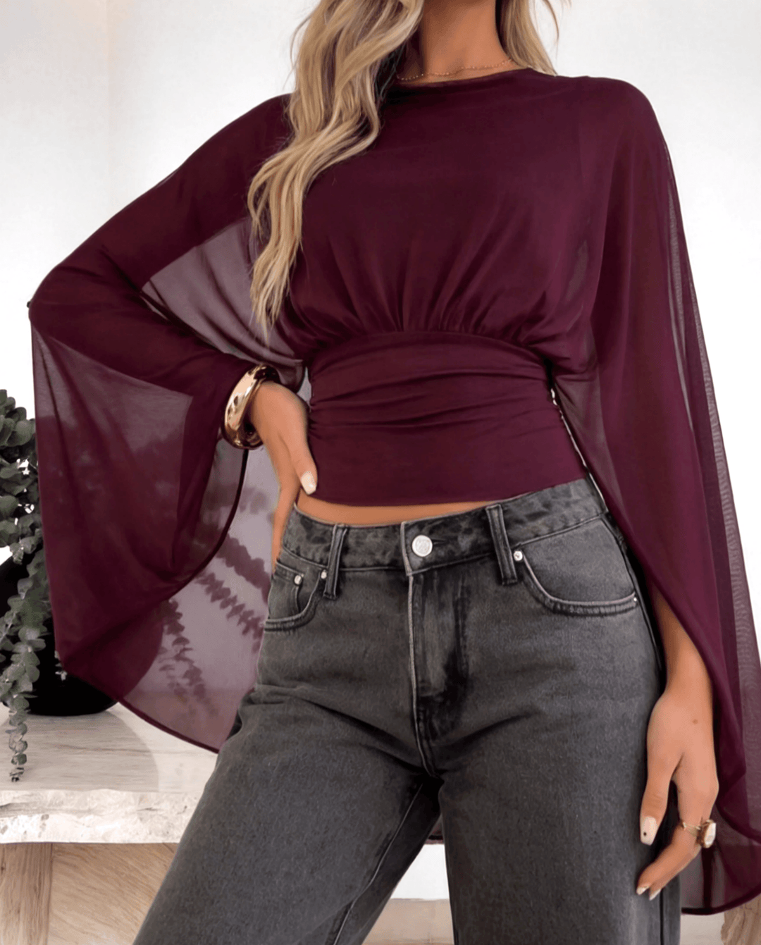 Mesh Batwing Sleeve Burgundy Draped Blouse