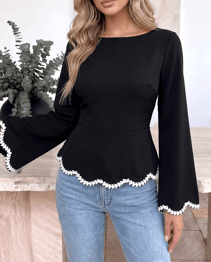 Lace Trim Back Tie Waist Long Sleeve Peplum Shirts