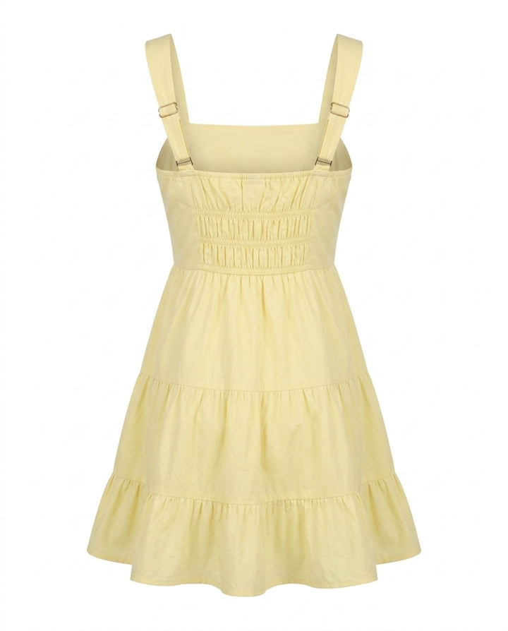 Yellow Square Neck Tiered Mini Dress