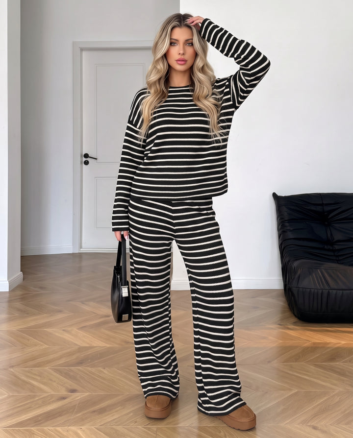 Striped Long Sleeve Loose Wide Leg Two Piece Set