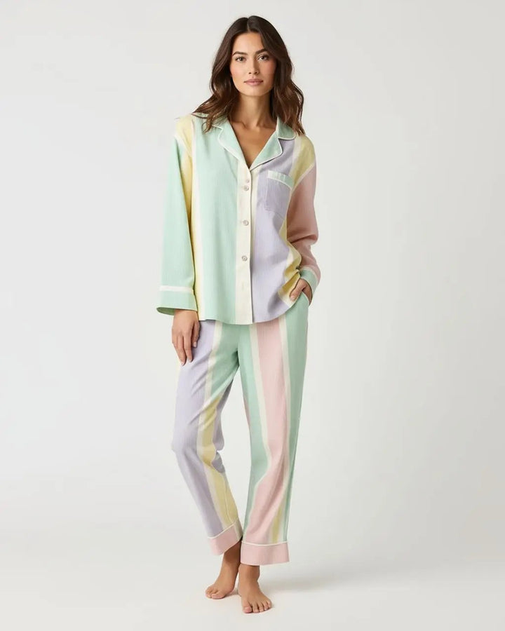 SOLACE CHICstriped-contrast-color-long-pajama-set