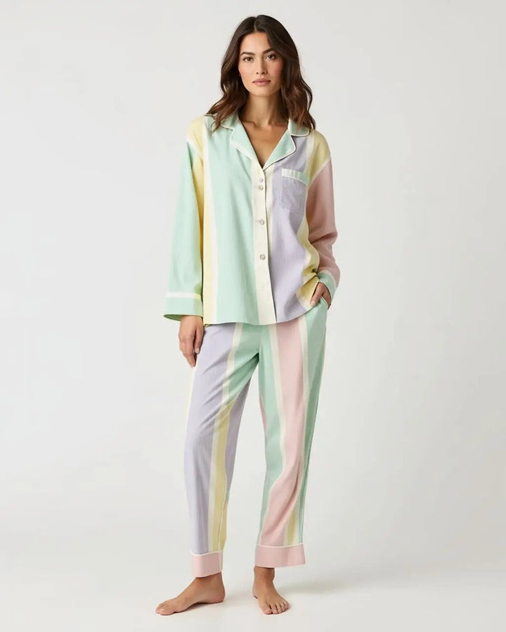 SOLACE CHICstriped-contrast-color-long-pajama-set