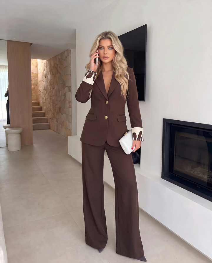 Contrast Cuff Wide Leg Pants 3 Piece Suit Set
