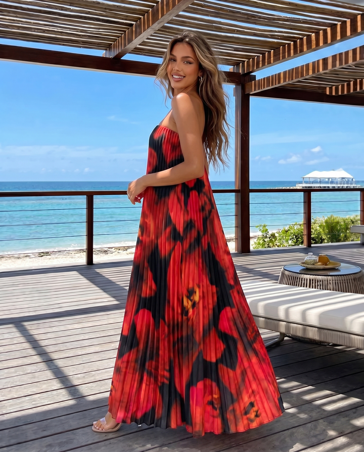 Black Red Floral Print Strapless Notched Tube Pleated Midi Dress