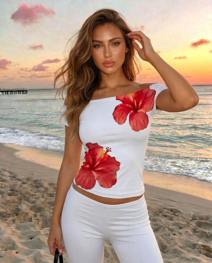 SOLACE  Black Hibiscus Print Off-Shoulder Short Sleeve T-Shirt 