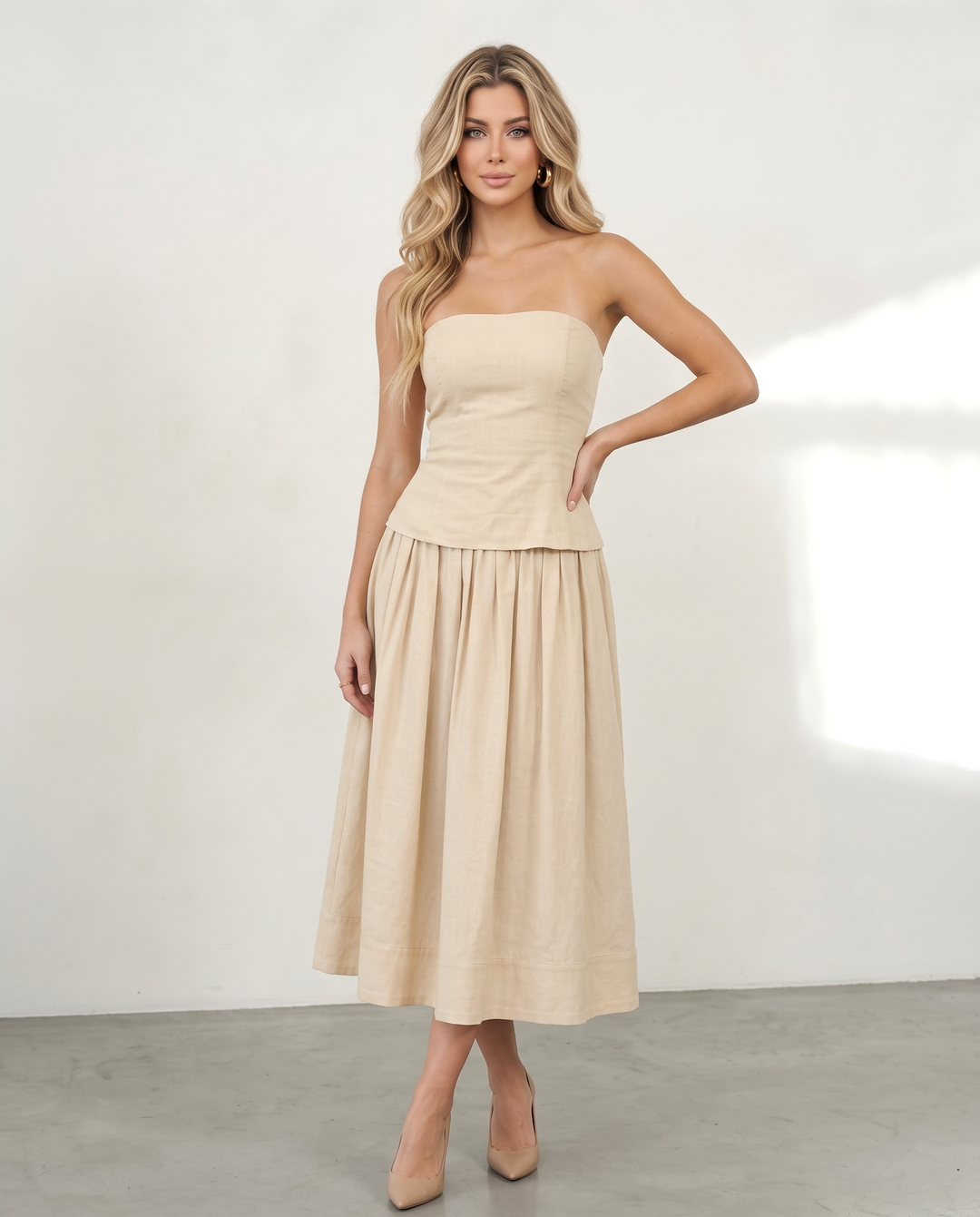 SOLACEBeige Strapless Peplum Top Midi Skirt Two-Piece Dress
