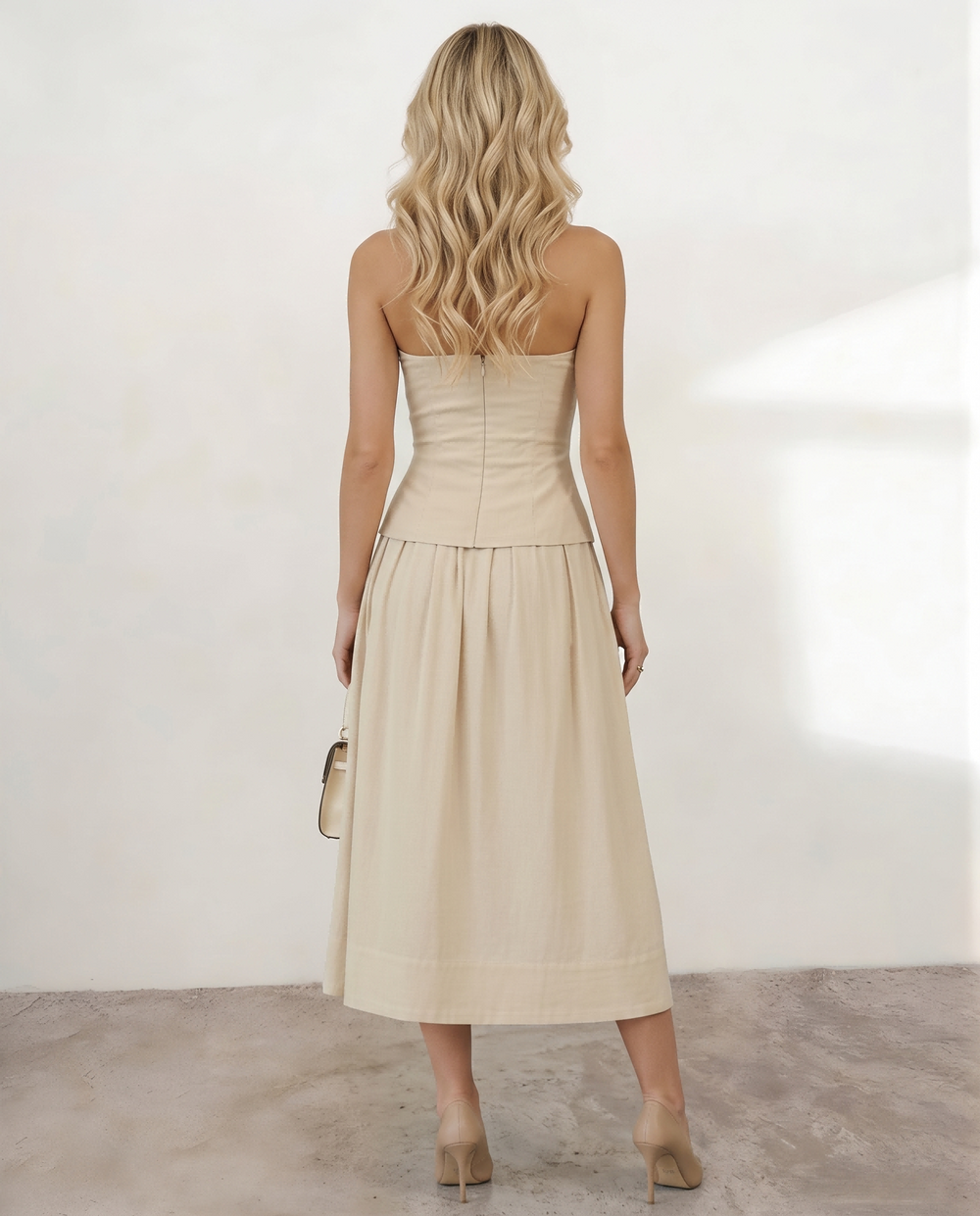 SOLACEBeige Strapless Peplum Top Midi Skirt Two-Piece Dress