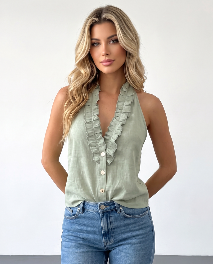 SOLACEWhite Sleeveless Halter Neck Ruffle Trim Button Front Blouse