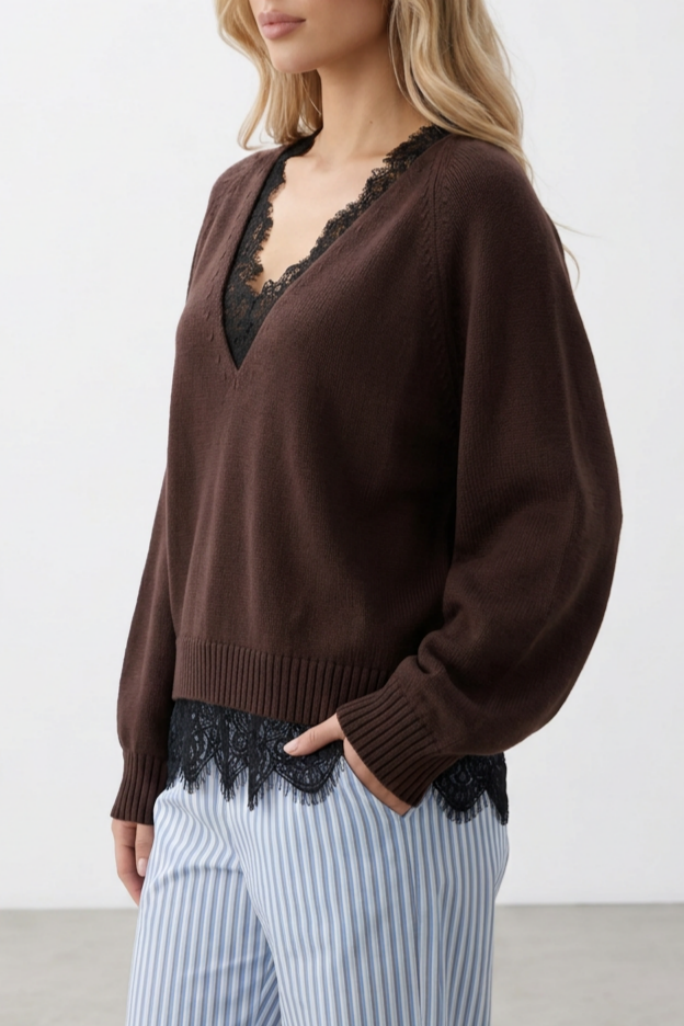 Lace Trim V-Neck Loose Knit Pullover Sweater