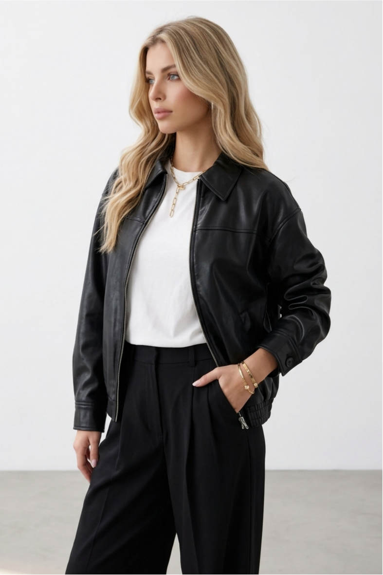 Zip Up Elastic Hem Solid Faux Leather Jacket