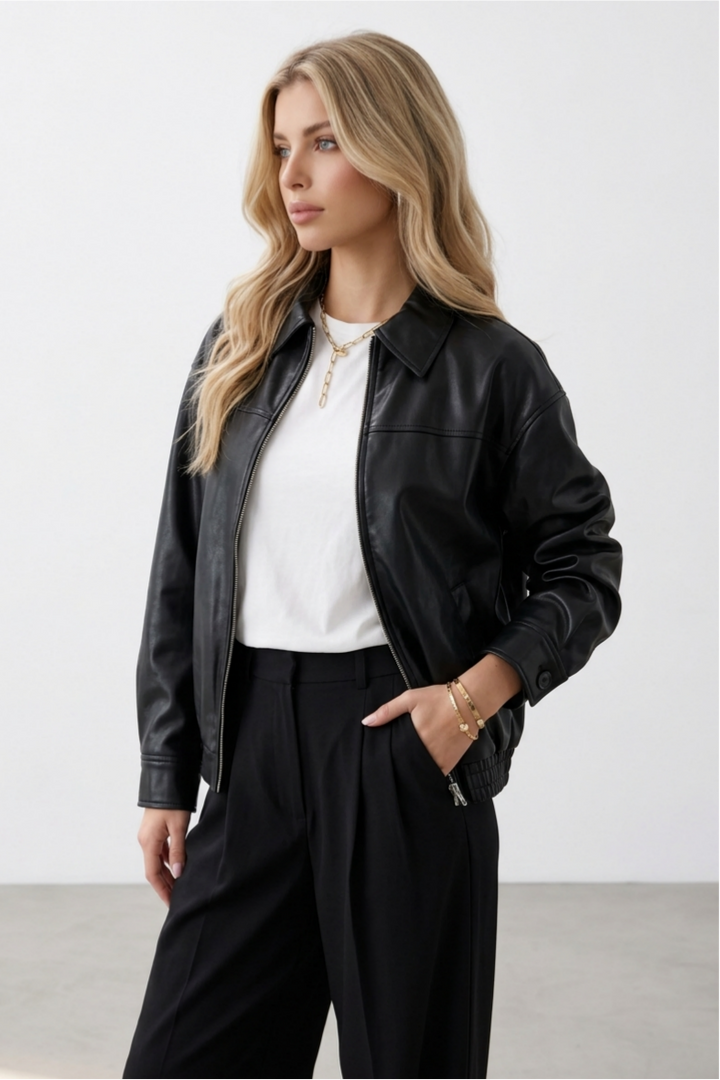 Zip Up Elastic Hem Solid Faux Leather Jacket