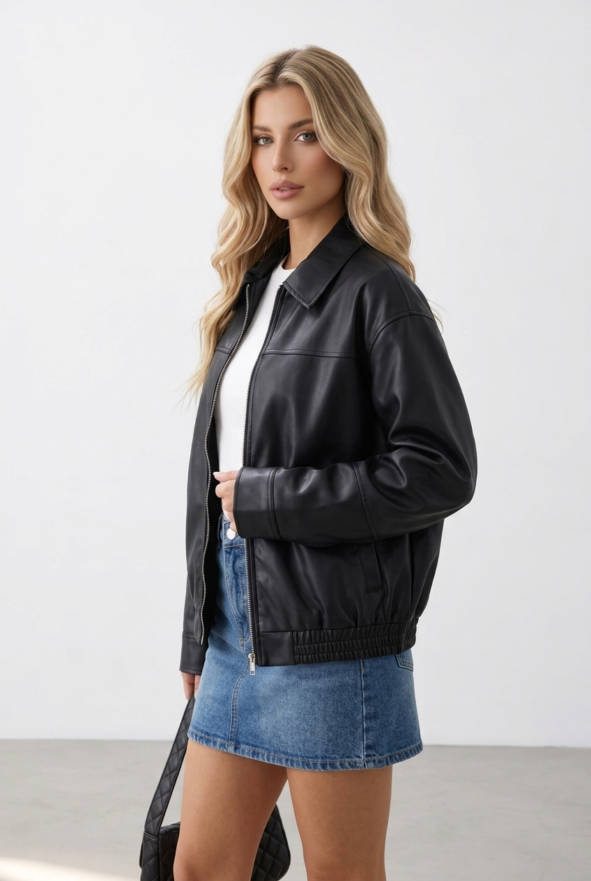 Zip Up Elastic Hem Solid Faux Leather Jacket