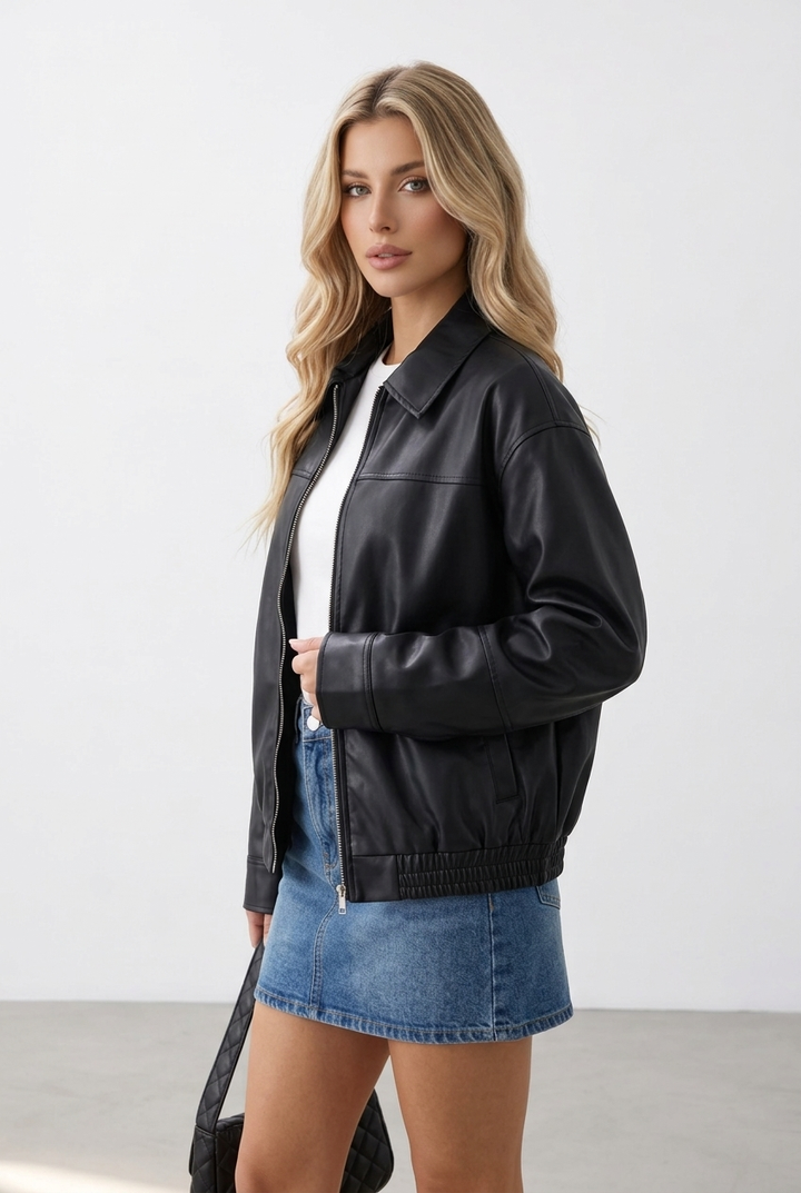 Zip Up Elastic Hem Solid Faux Leather Jacket