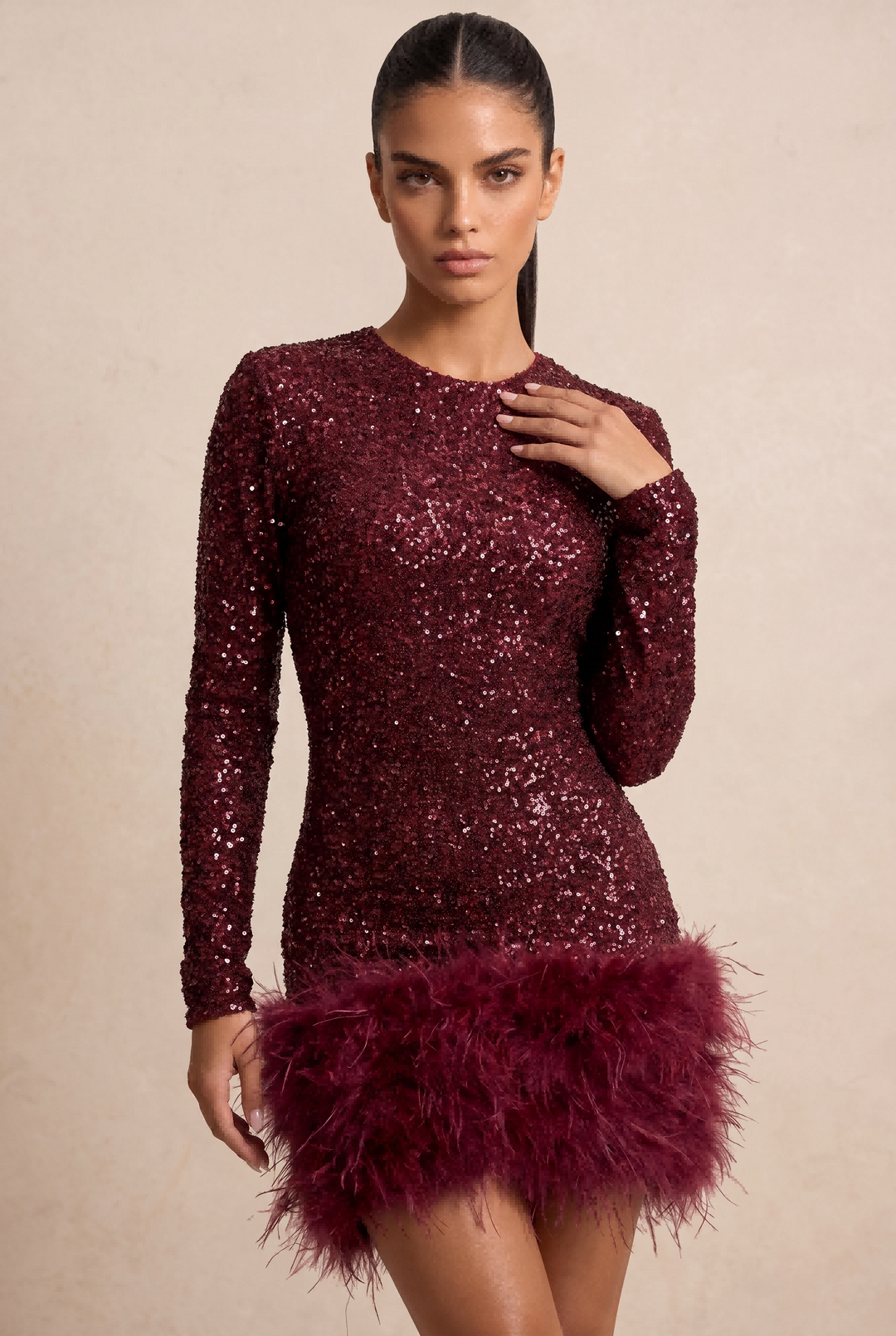 SOLACESequin Feather Trim Long Sleeve Bodycon Mini Dress