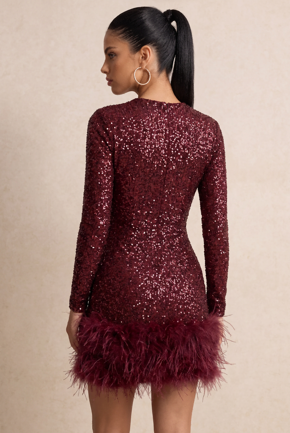 SOLACESequin Feather Trim Long Sleeve Bodycon Mini Dress