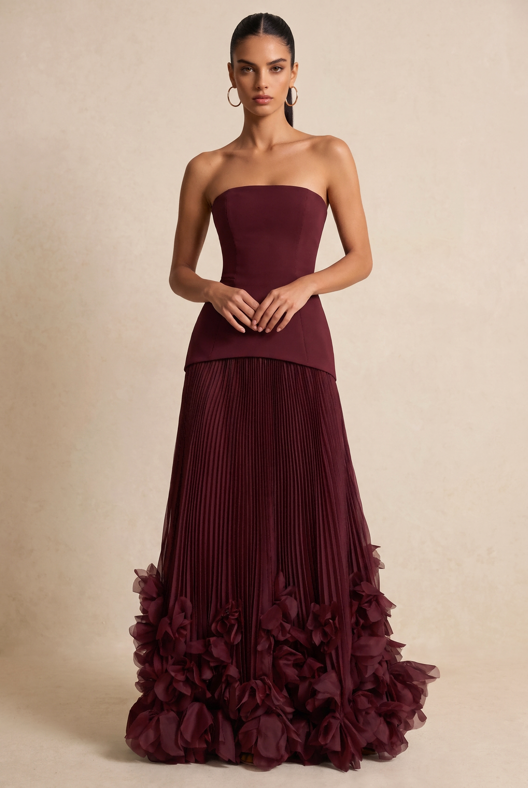 SOLACEStrapless Pleated 3D Floral Maxi Evening Dress