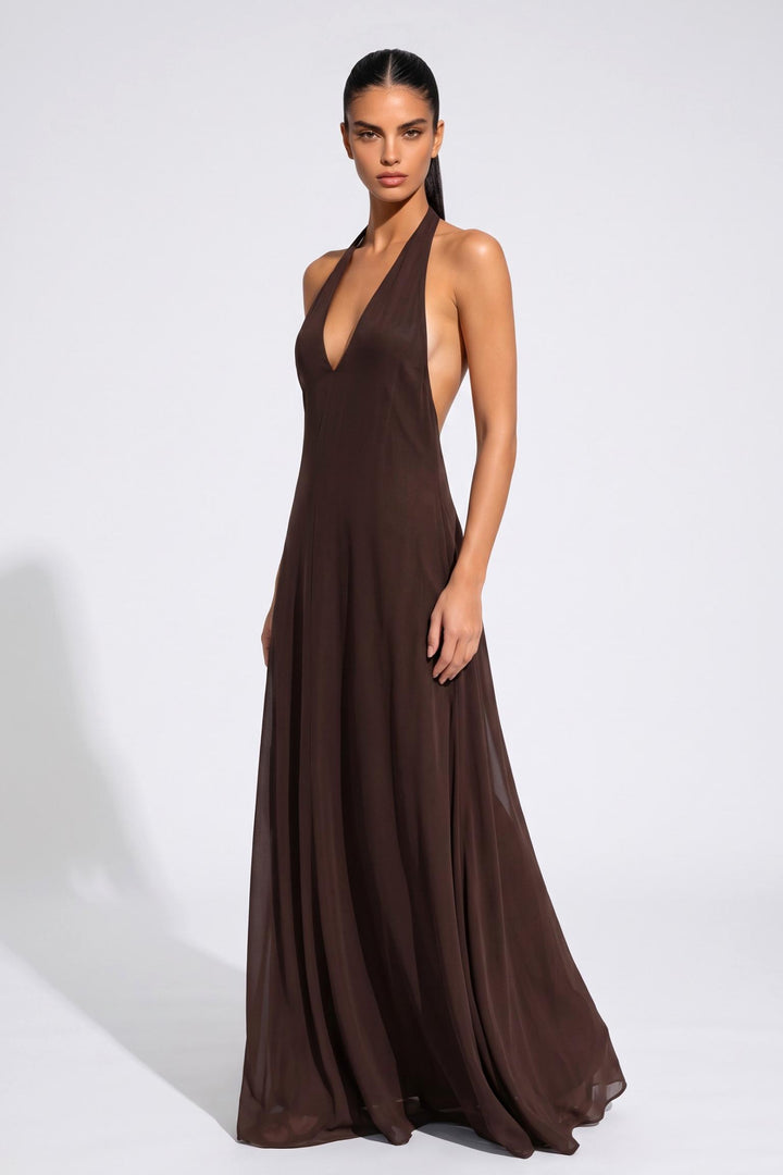 SOLACEBrown Plunging Halter Chiffon Flowy A line Maxi Dress