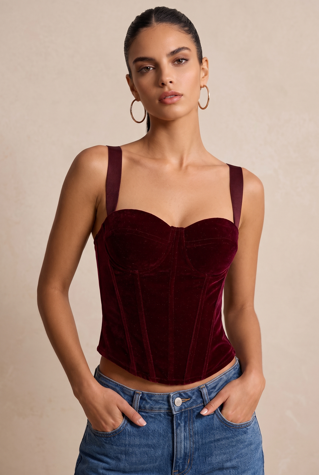 SOLACE CHICVelvet Boned Removable Strap Cropped Corset Top