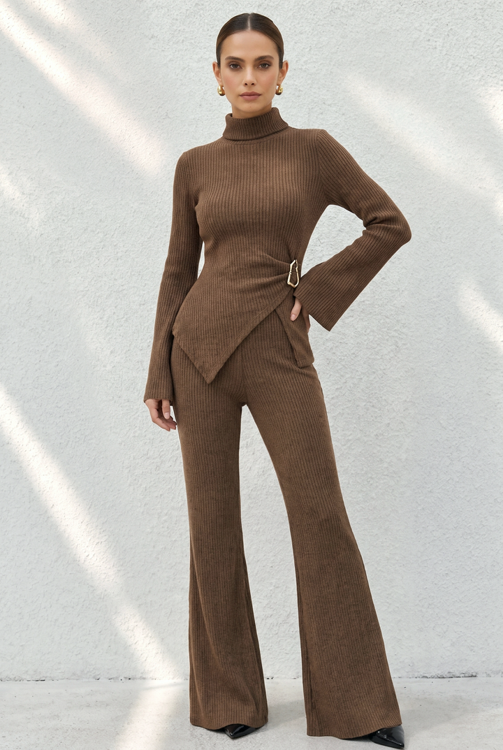 Asymmetric Buckle Ribbed Knit Matching Pant Set
