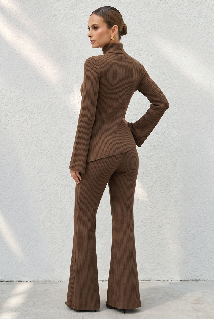 Asymmetric Buckle Ribbed Knit Matching Pant Set