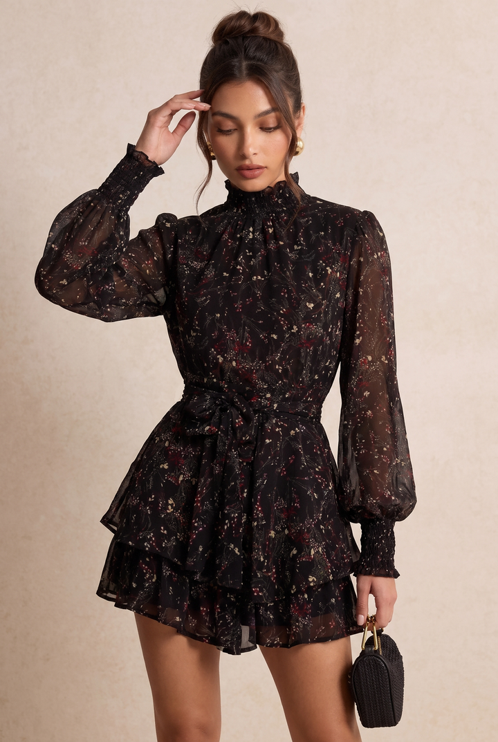 Floral Chiffon Long Sleeve Tiered Mini Dress