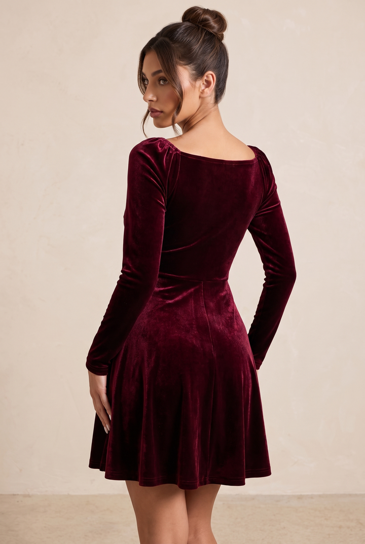 Burgundy V-Neck Velvet Midi Party Dress