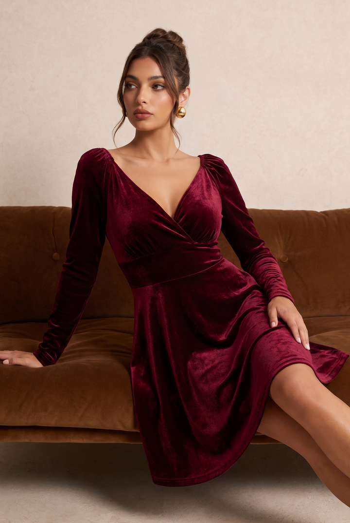 Burgundy V-Neck Velvet Midi Party Dress