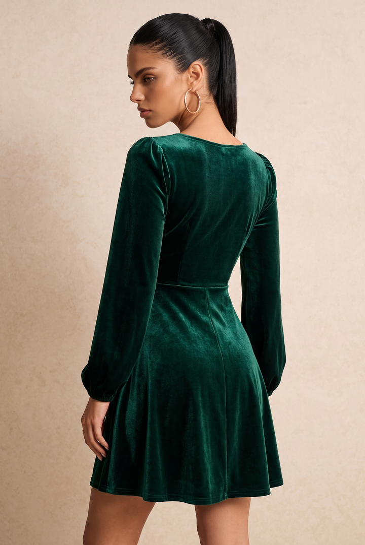 Green Velvet V-Neck Twist Front Long Sleeve Mini Dress