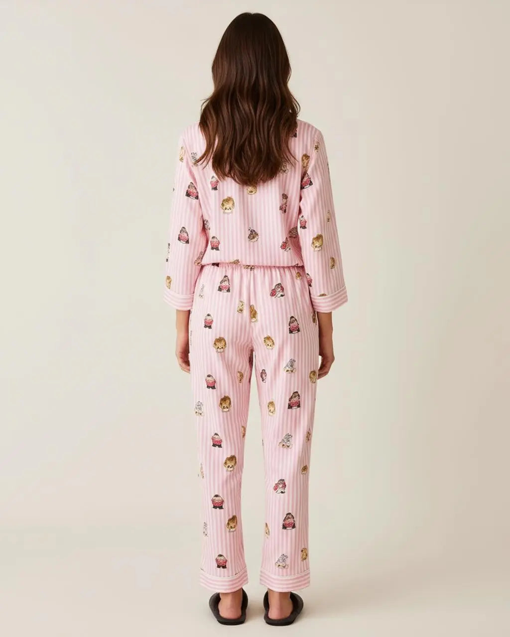 SOLACE CHICFine Stripe Abstract Cute Print Lapel Tie-waist Pajama Set