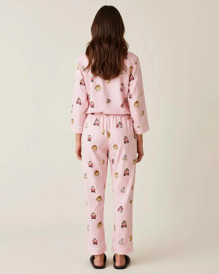 SOLACE CHICFine Stripe Abstract Cute Print Lapel Tie-waist Pajama Set