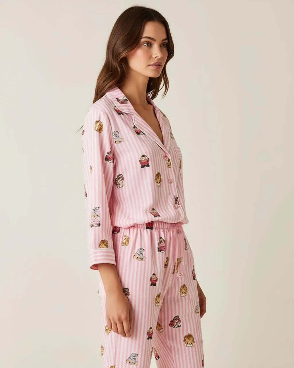 SOLACE CHICFine Stripe Abstract Cute Print Lapel Tie-waist Pajama Set
