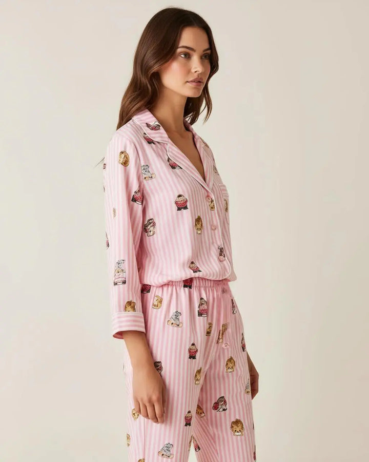 SOLACE CHICFine Stripe Abstract Cute Print Lapel Tie-waist Pajama Set