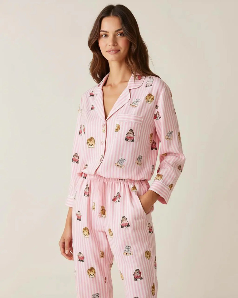 SOLACE CHICFine Stripe Abstract Cute Print Lapel Tie-waist Pajama Set