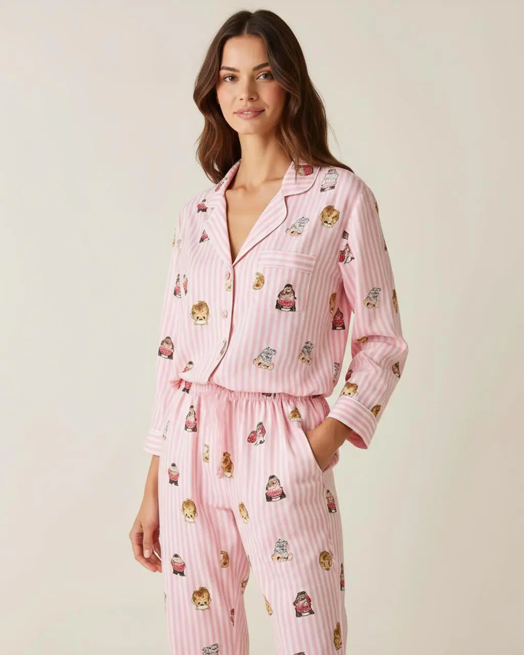 SOLACE CHICFine Stripe Abstract Cute Print Lapel Tie-waist Pajama Set