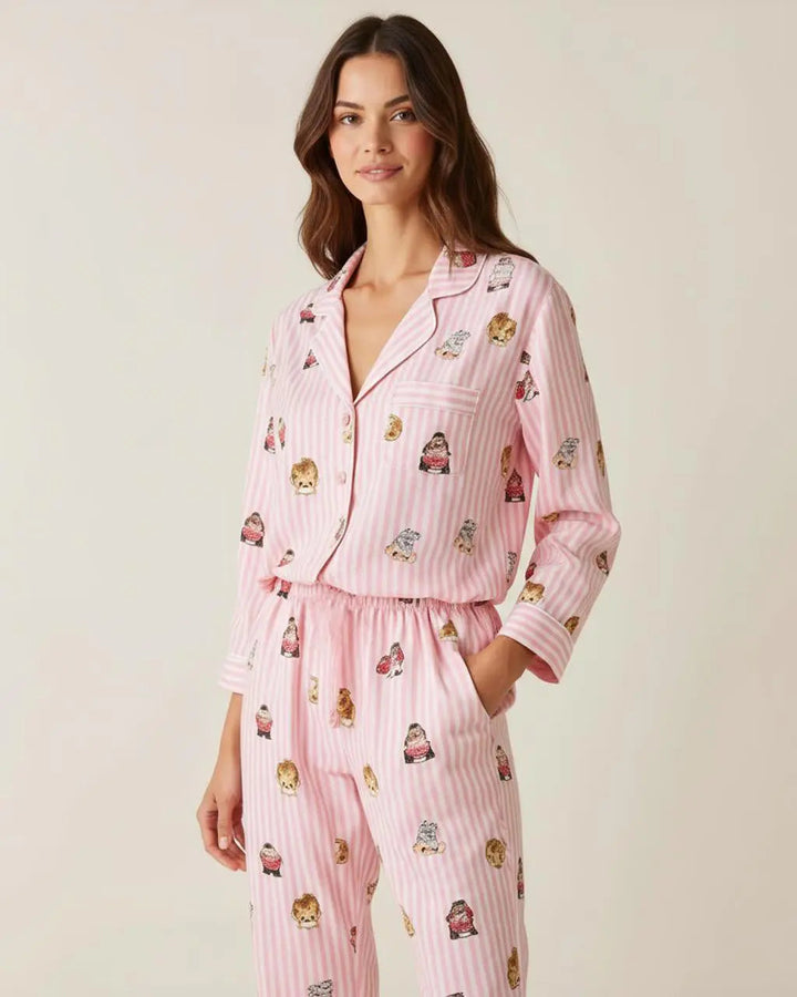 SOLACE CHICFine Stripe Abstract Cute Print Lapel Tie-waist Pajama Set