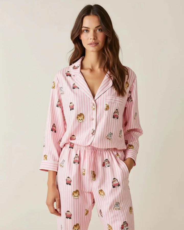 SOLACE CHICFine Stripe Abstract Cute Print Lapel Tie-waist Pajama Set