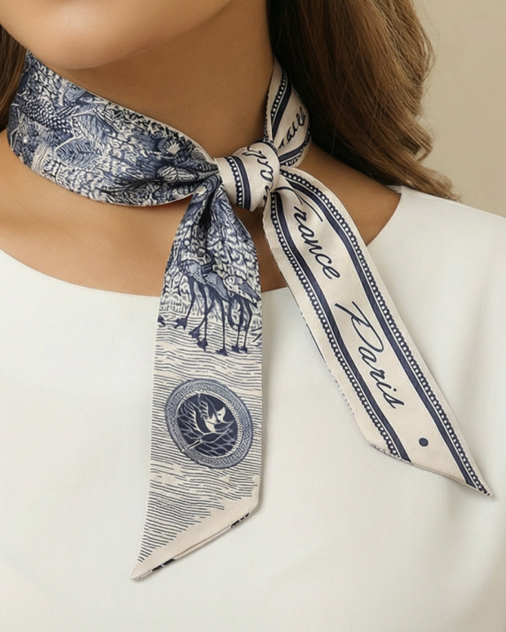 SOLACE  Navy Blue Toile De Jouy Paris France Print Skinny Vintage Scarf 