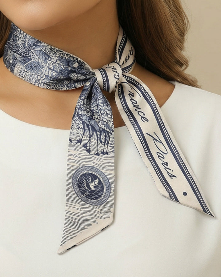 SOLACE  Navy Blue Toile De Jouy Paris France Print Skinny Vintage Scarf 