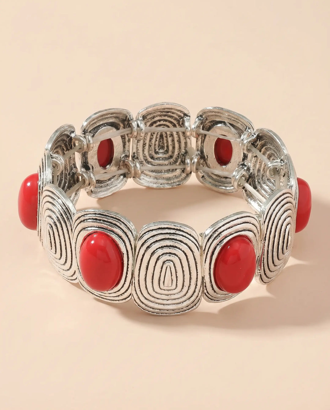 SOLACE  Silver Spiral Red Cabochon Statement Bracelet 