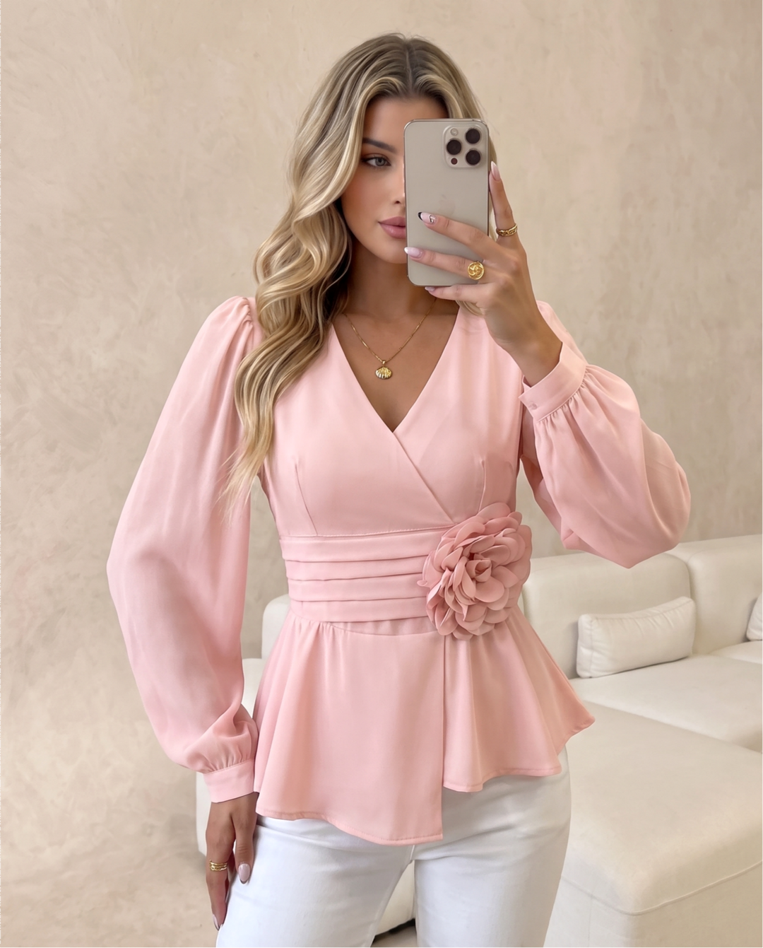 V Neck Floral Decor Puff Sleeve Blouse