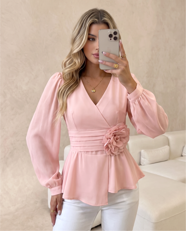 V Neck Floral Decor Puff Sleeve Blouse