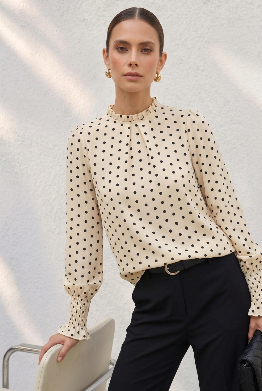 Vintage Smocked Cuff Polka Dot Long Sleeve Top