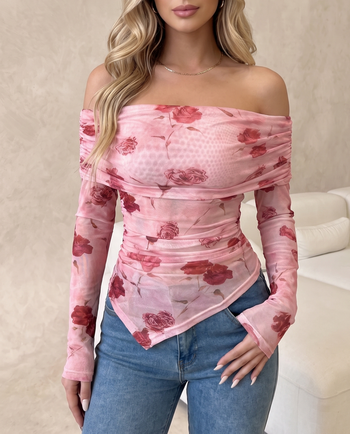 Off Shoulder Floral Print Asymmetric Hem Mesh T-Shirt