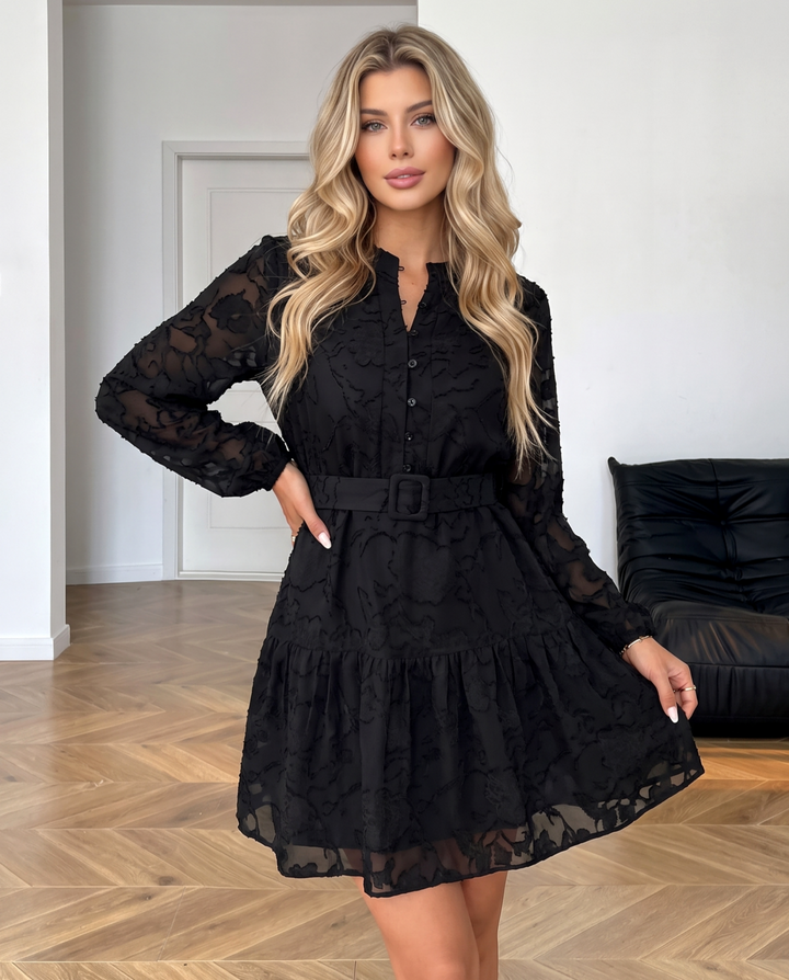 Lace Jacquard Textured Belted Waist Mini Dress