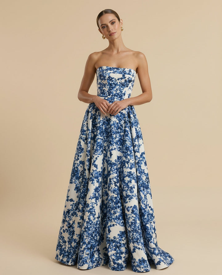 SOLACE  White Blue Floral Print Strapless Structured Bodice A-Line Maxi Dress 